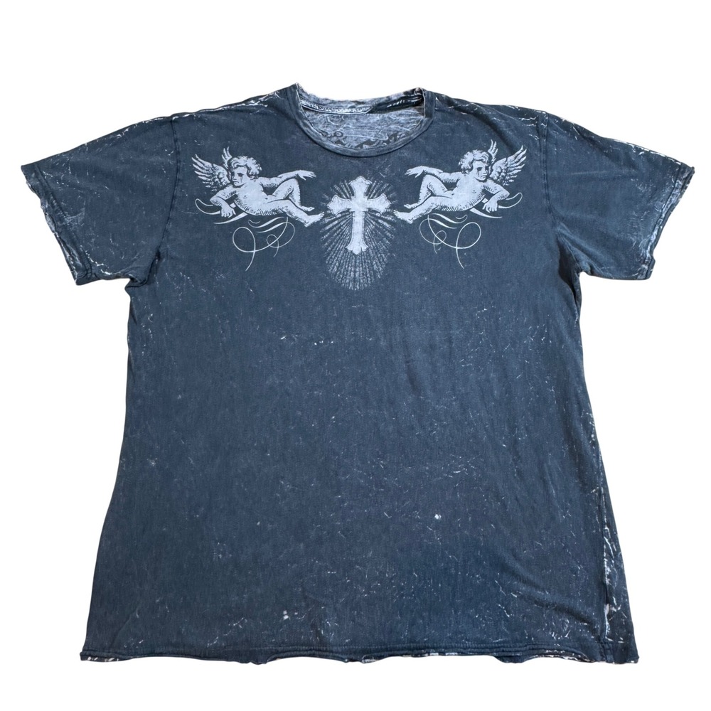 Y2K Affliction TShirt Black Cherub Cross Skull Mineral Wash L Vintage Distressed